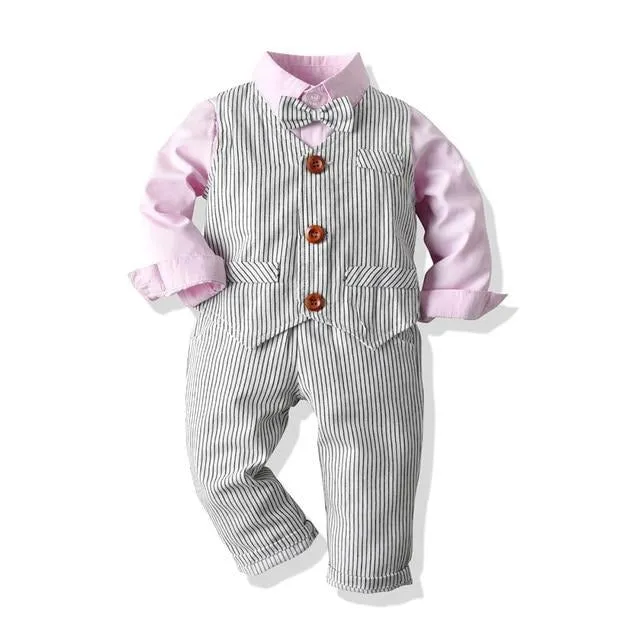 Boys Gentleman Formal Set Suit Shirt with Bow Tie Vest and Pants 4Pcs