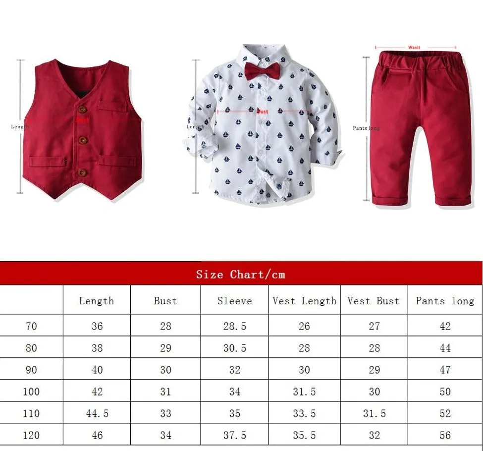 Boys Gentleman Formal Set Suit Shirt with Bow Tie Vest and Pants 4Pcs