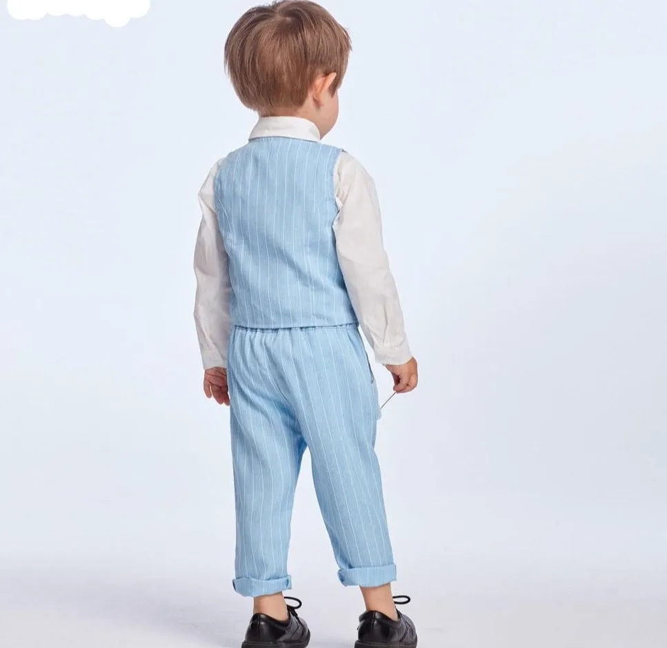 Boys Gentleman Formal Set Suit Shirt with Bow Tie Vest and Pants 4Pcs
