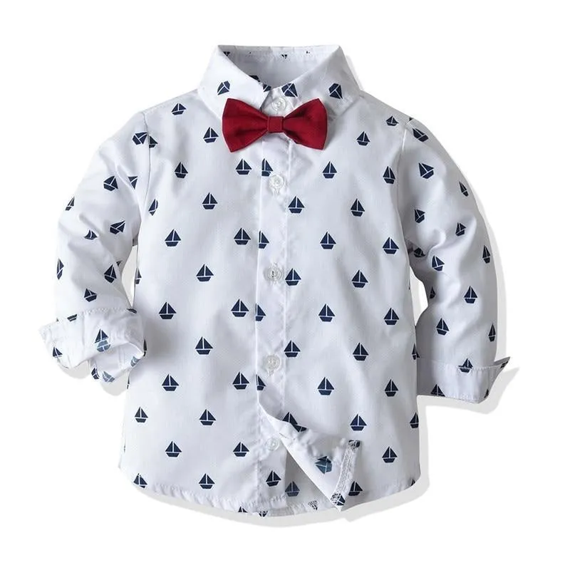 Boys Gentleman Formal Set Suit Shirt with Bow Tie Vest and Pants 4Pcs