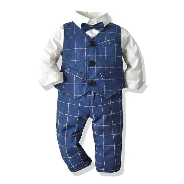 Boys Gentleman Formal Set Suit Shirt with Bow Tie Vest and Pants 4Pcs