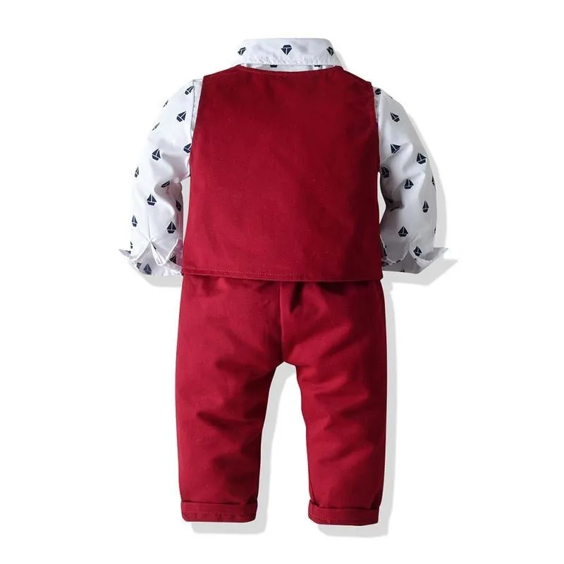 Boys Gentleman Formal Set Suit Shirt with Bow Tie Vest and Pants 4Pcs