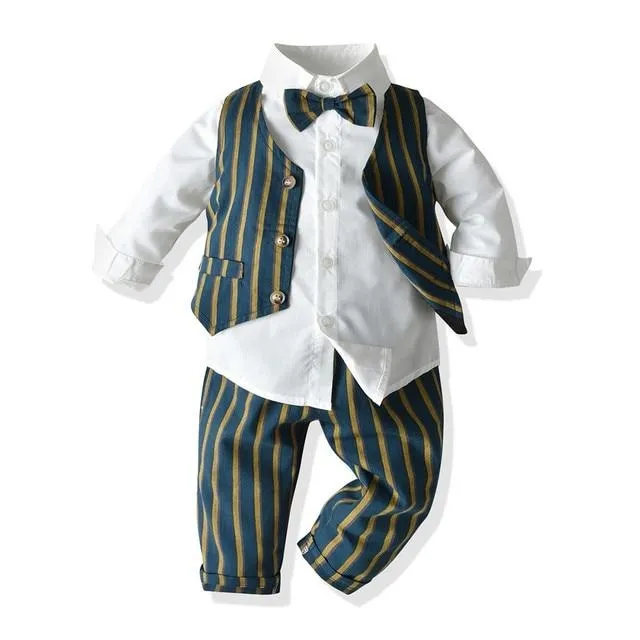 Boys Gentleman Formal Set Suit Shirt with Bow Tie Vest and Pants 4Pcs