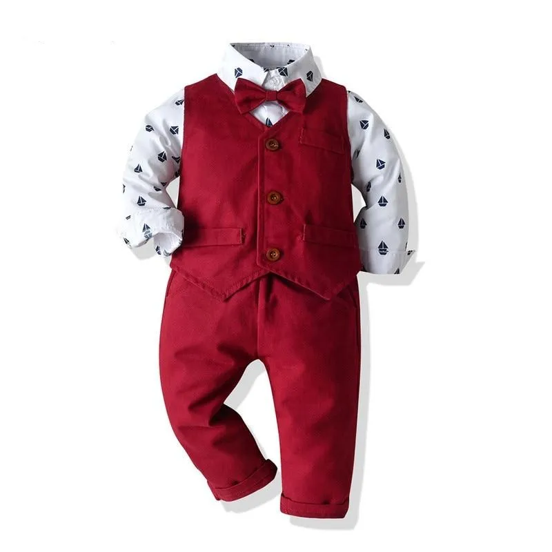 Boys Gentleman Formal Set Suit Shirt with Bow Tie Vest and Pants 4Pcs