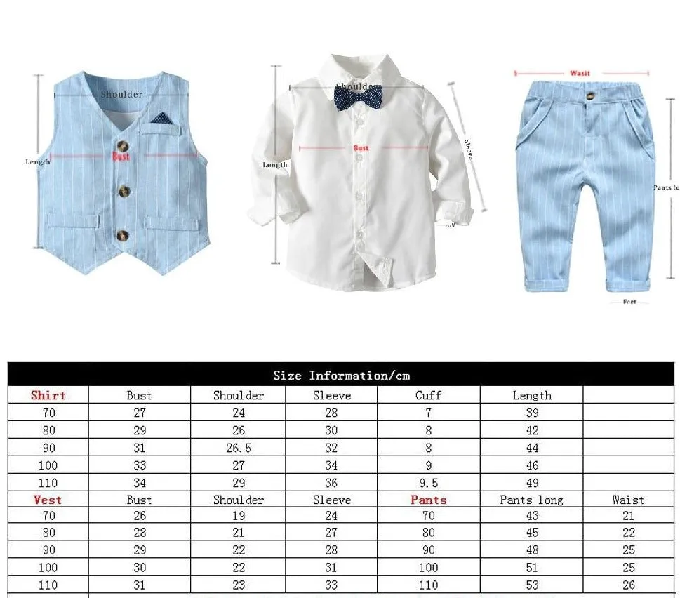 Boys Gentleman Formal Set Suit Shirt with Bow Tie Vest and Pants 4Pcs