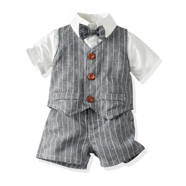 Boys Gentleman Formal Set Suit Shirt with Bow Tie Vest and Pants 4Pcs