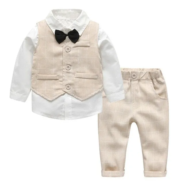 Boys Gentleman Formal Set Suit Shirt with Bow Tie Vest and Pants 4Pcs