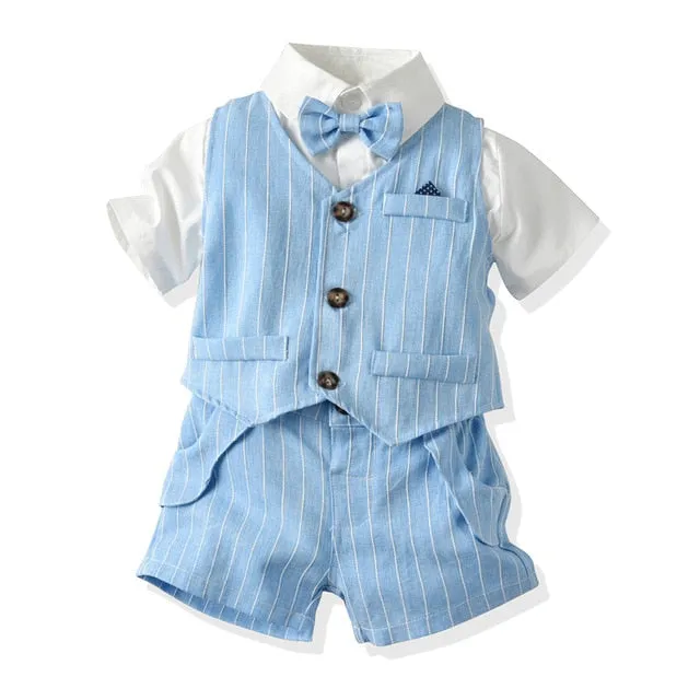 Boys Gentleman Formal Set Suit Shirt with Bow Tie Vest and Pants 4Pcs