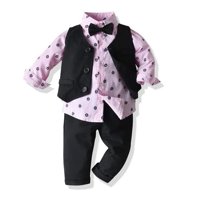 Boys Gentleman Formal Set Suit Shirt with Bow Tie Vest and Pants 4Pcs