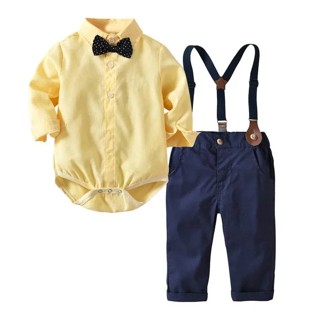 Boys Gentleman Formal Set Suit Shirt with Bow Tie Vest and Pants 4Pcs