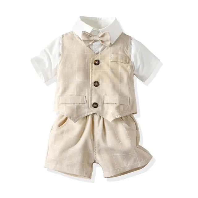 Boys Gentleman Formal Set Suit Shirt with Bow Tie Vest and Pants 4Pcs