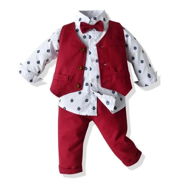 Boys Gentleman Formal Set Suit Shirt with Bow Tie Vest and Pants 4Pcs