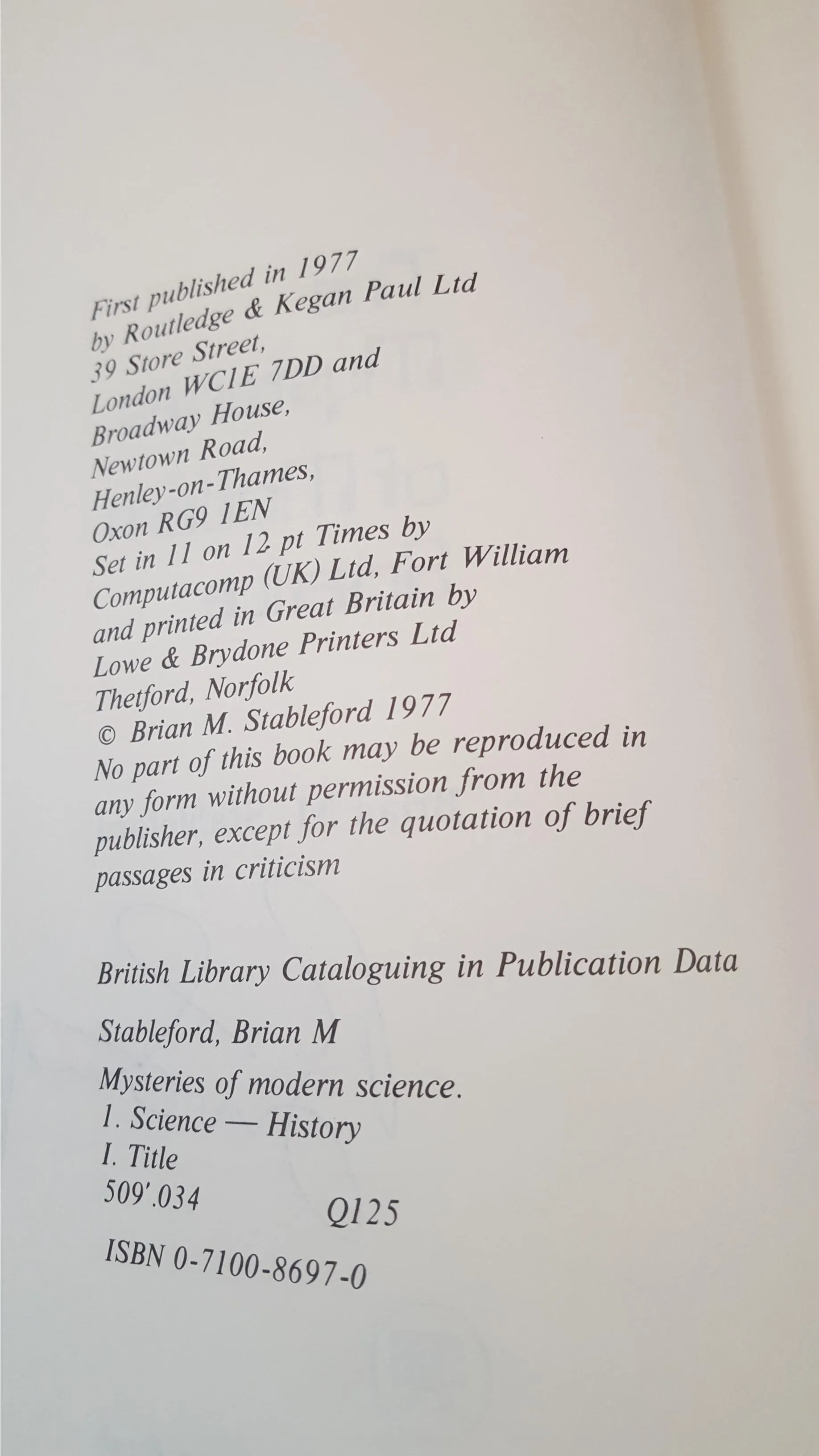 Brian Stableford - The Mysteries Of Modern Science, Routledge, 1977, 1st Edition, Signed