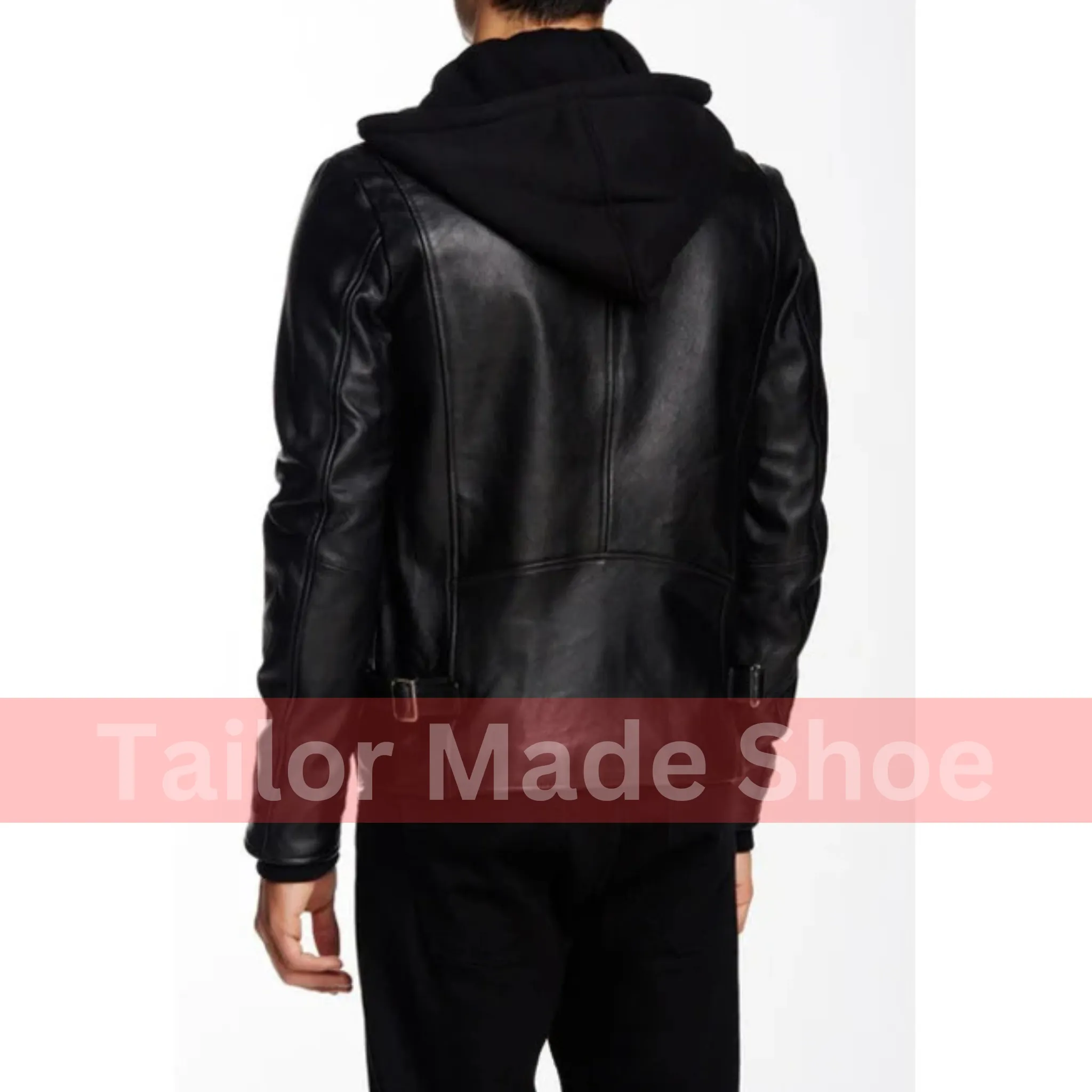 Buy Men Black Detachable Fabric Hooded Leather Jacket Motorcycle Leather Jackets