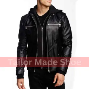 Buy Men Black Detachable Fabric Hooded Leather Jacket Motorcycle Leather Jackets