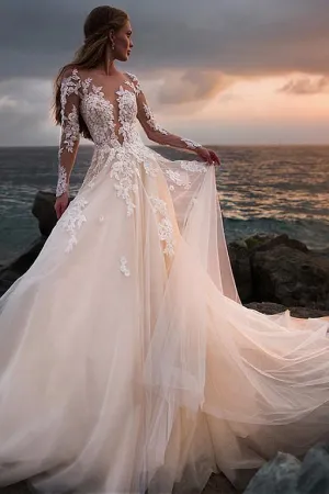 Champagne Tulle Wedding Dress with Illusion Lace Long Sleeves