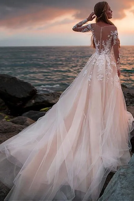 Champagne Tulle Wedding Dress with Illusion Lace Long Sleeves
