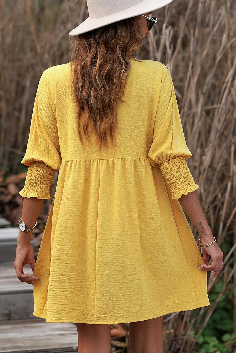 Chestnut Shirred Cuffs Swing Dress