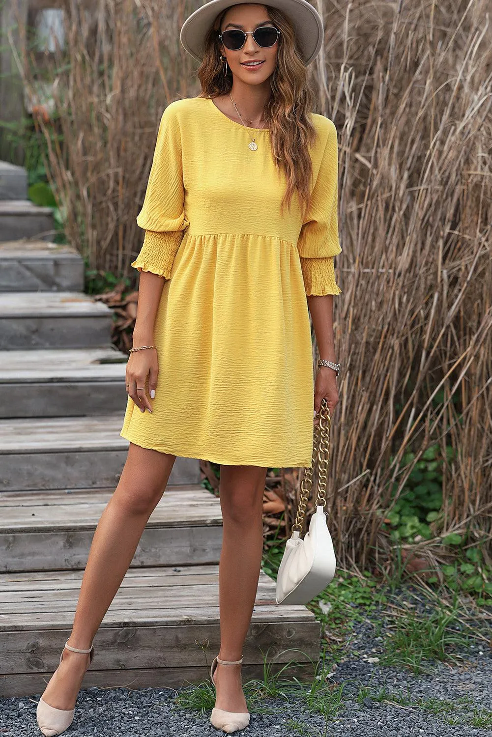 Chestnut Shirred Cuffs Swing Dress