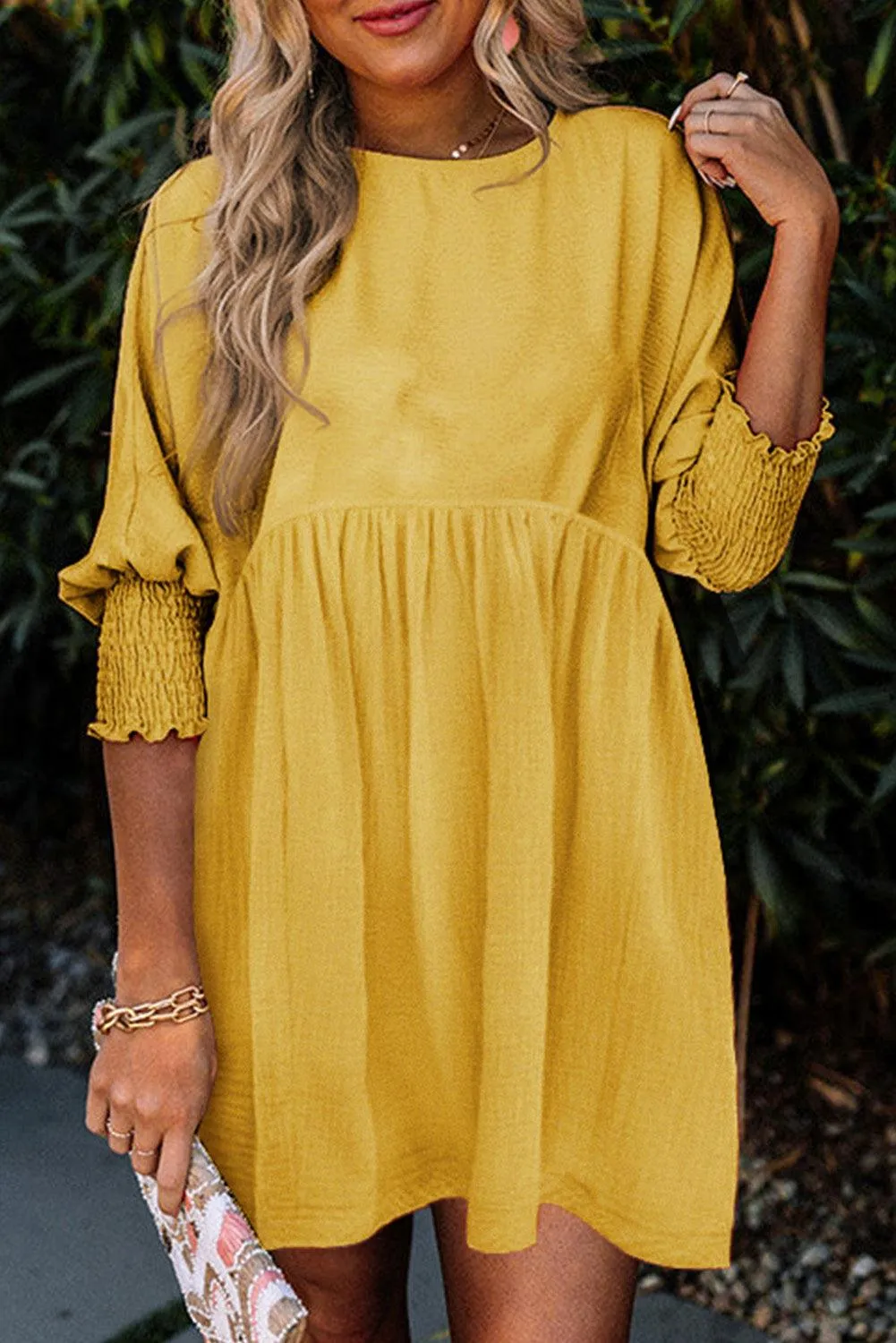 Chestnut Shirred Cuffs Swing Dress