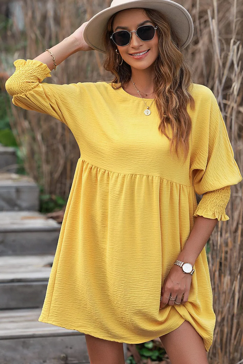 Chestnut Shirred Cuffs Swing Dress