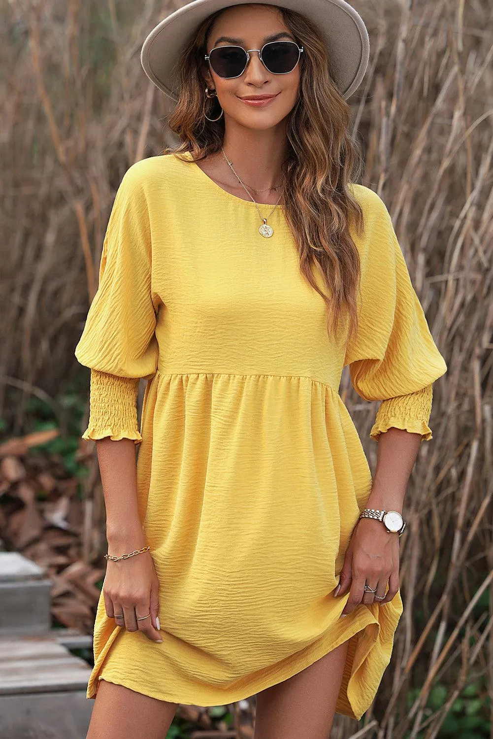Chestnut Shirred Cuffs Swing Dress