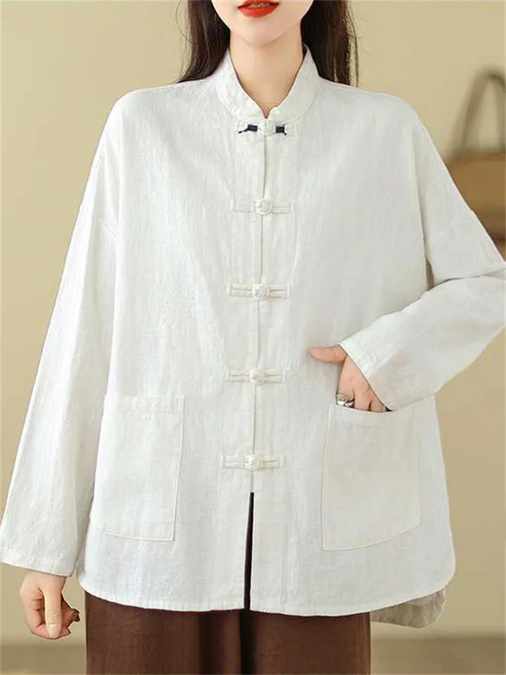 Chinese Style Knot Button Pure Cotton Kungfu Shirt for Women
