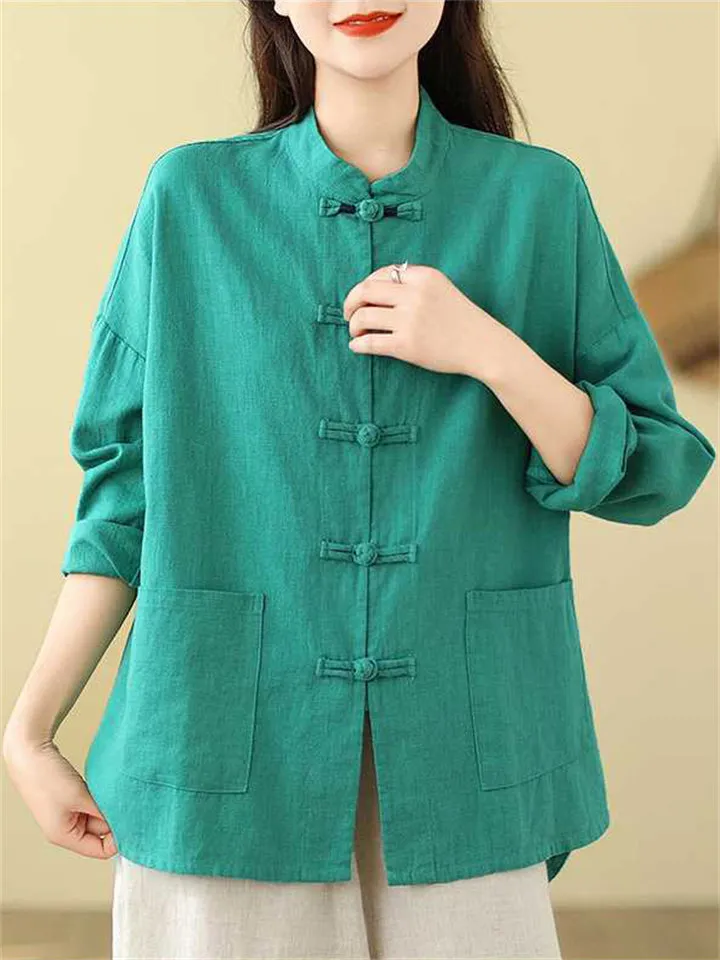 Chinese Style Knot Button Pure Cotton Kungfu Shirt for Women