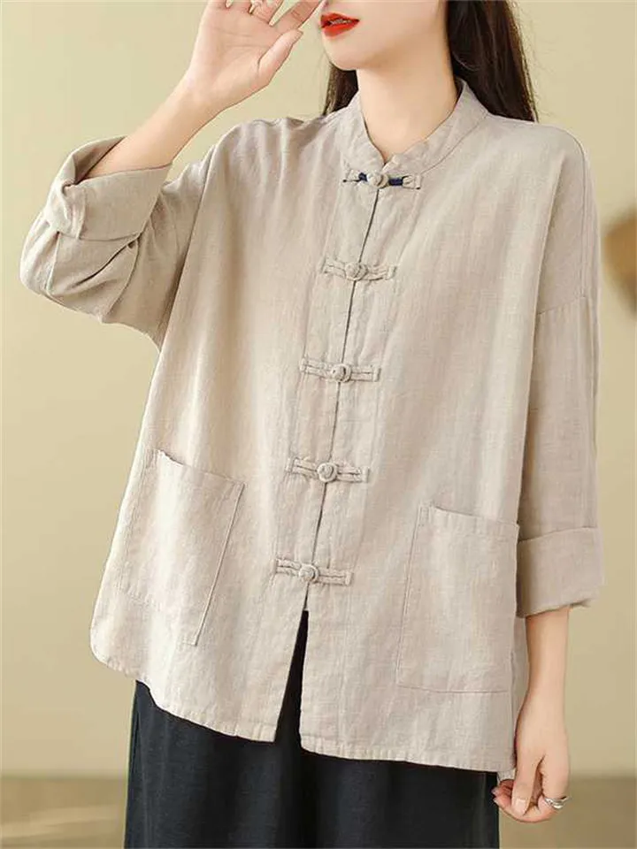 Chinese Style Knot Button Pure Cotton Kungfu Shirt for Women