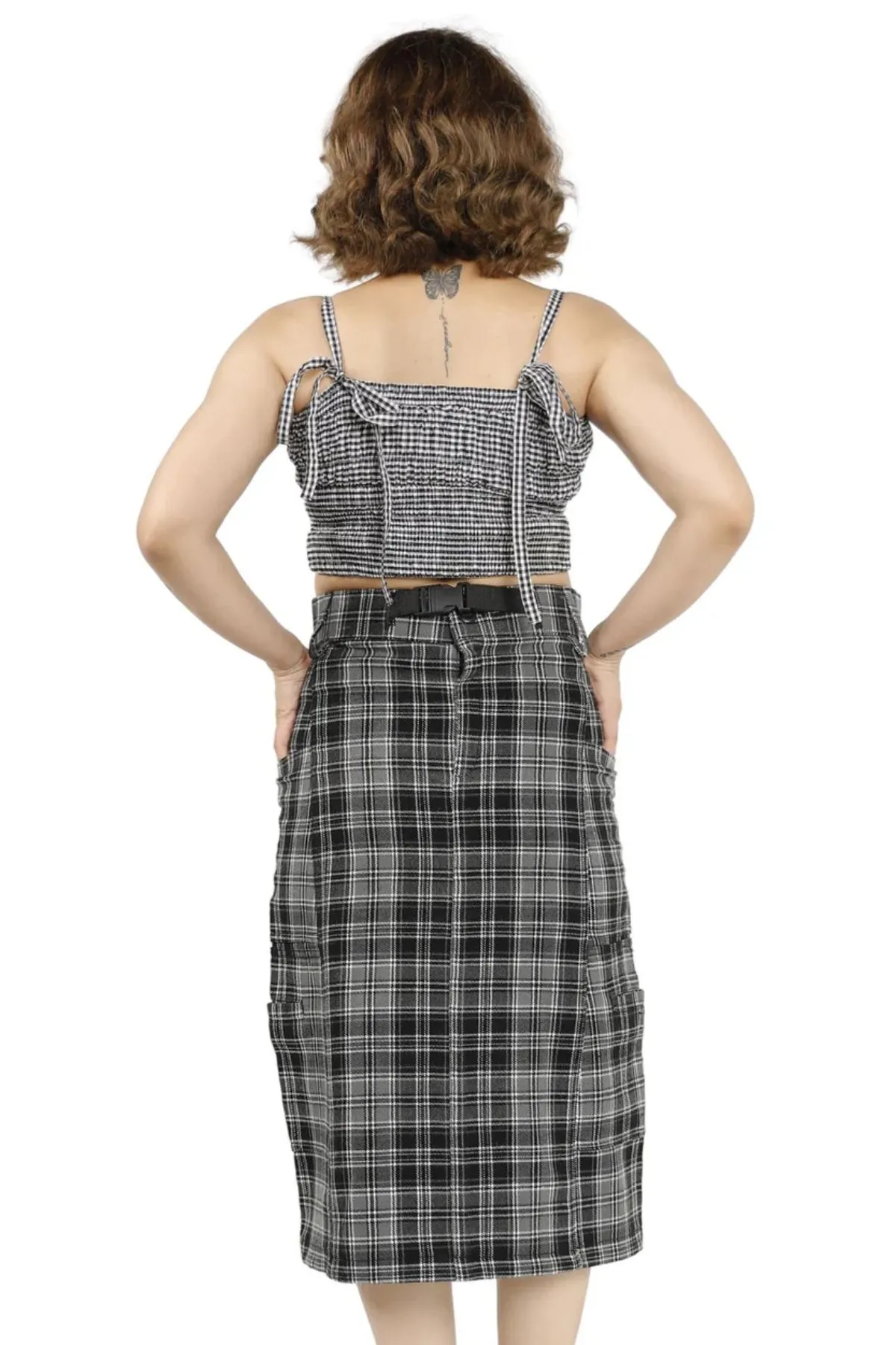 Classic Check High-Waisted Pencil Skirt with Belt