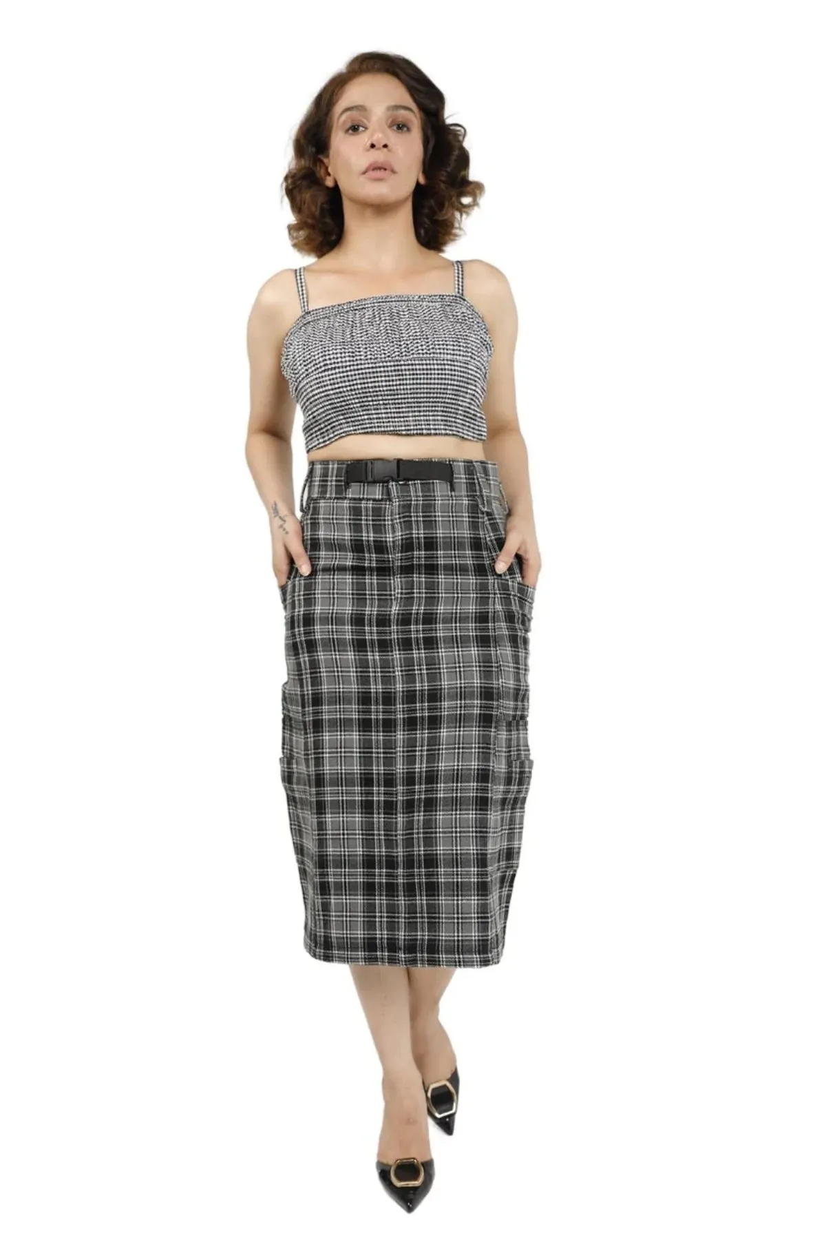 Classic Check High-Waisted Pencil Skirt with Belt