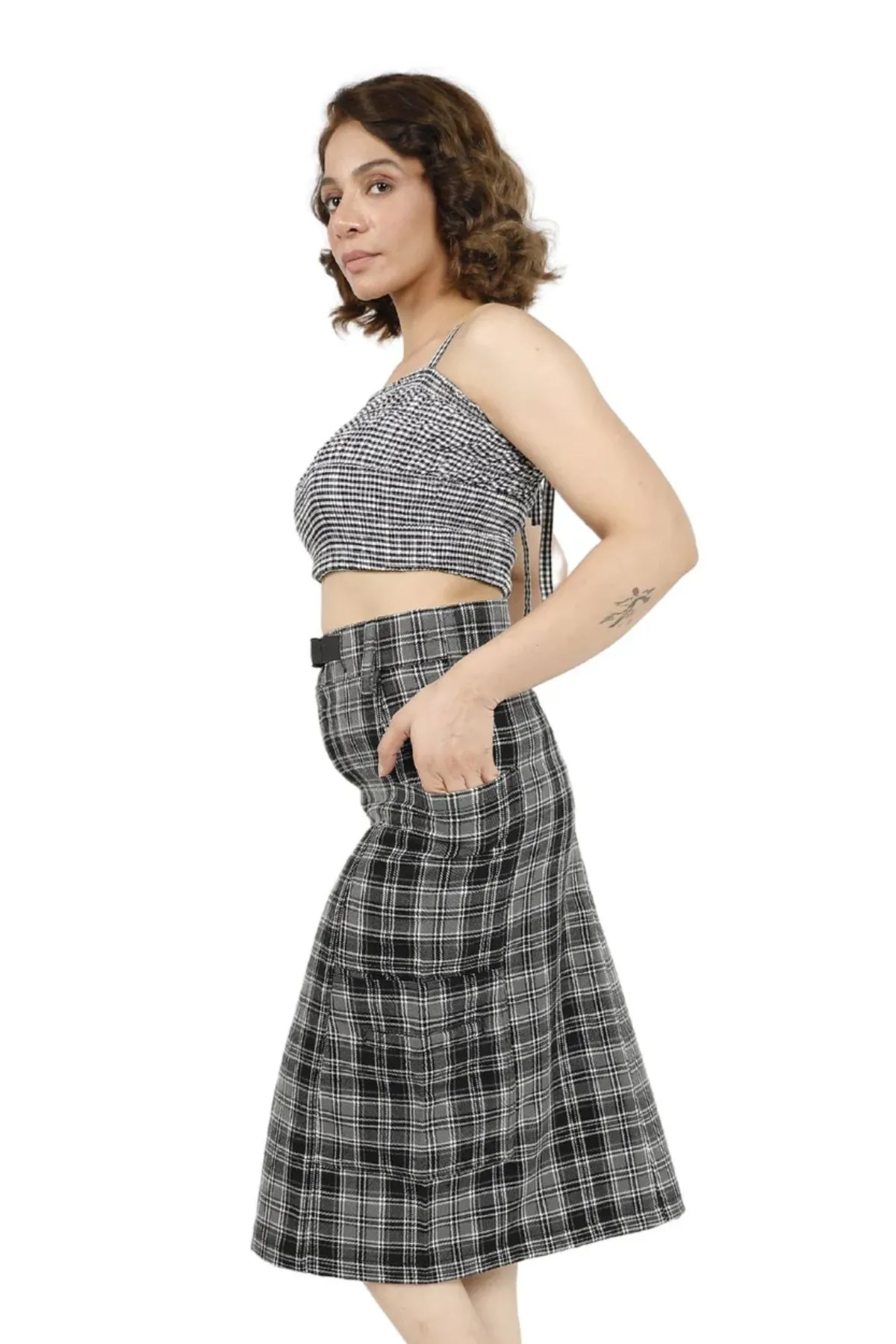 Classic Check High-Waisted Pencil Skirt with Belt
