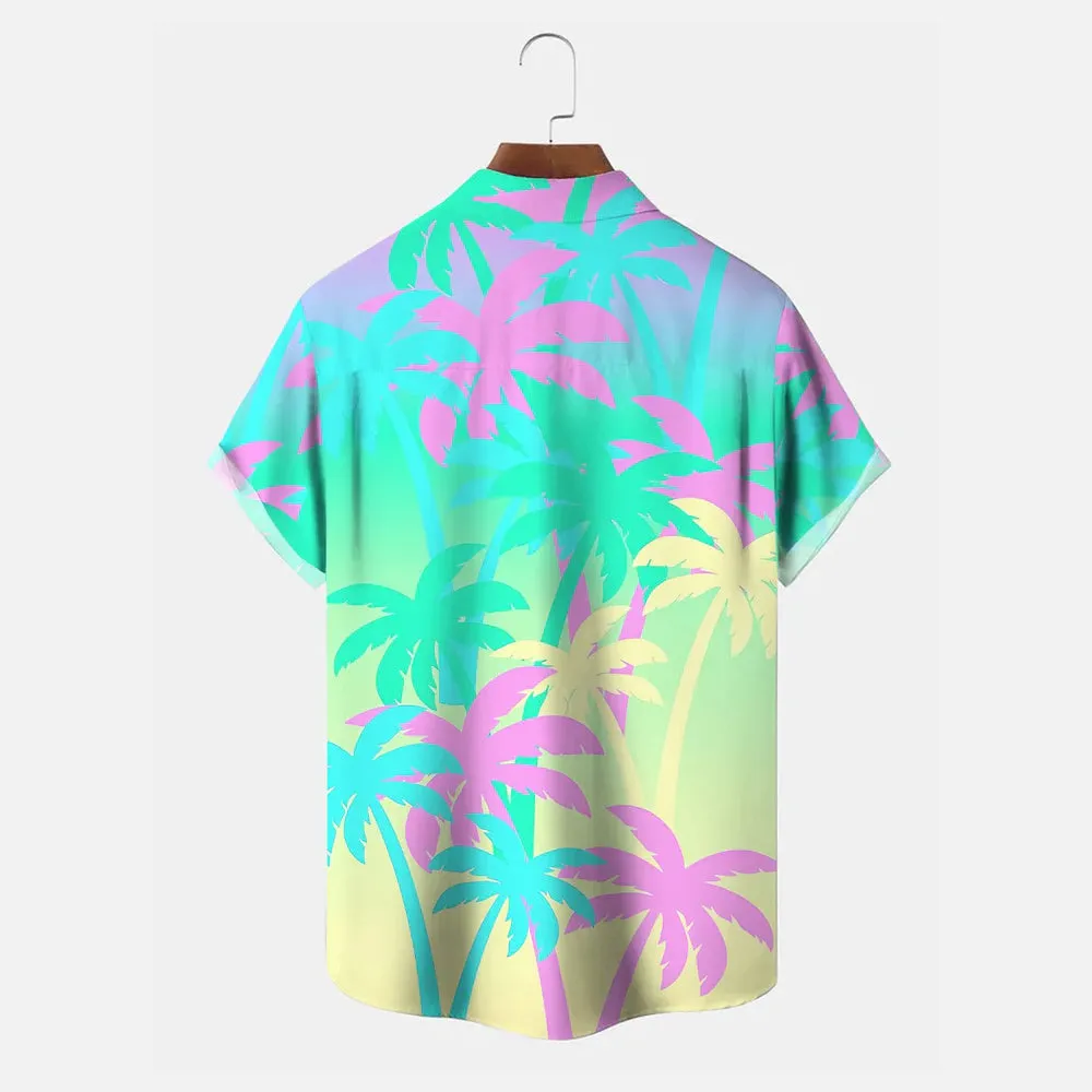 Coconut Tree Gradient Button Pocket Casual Short Sleeve Shirt