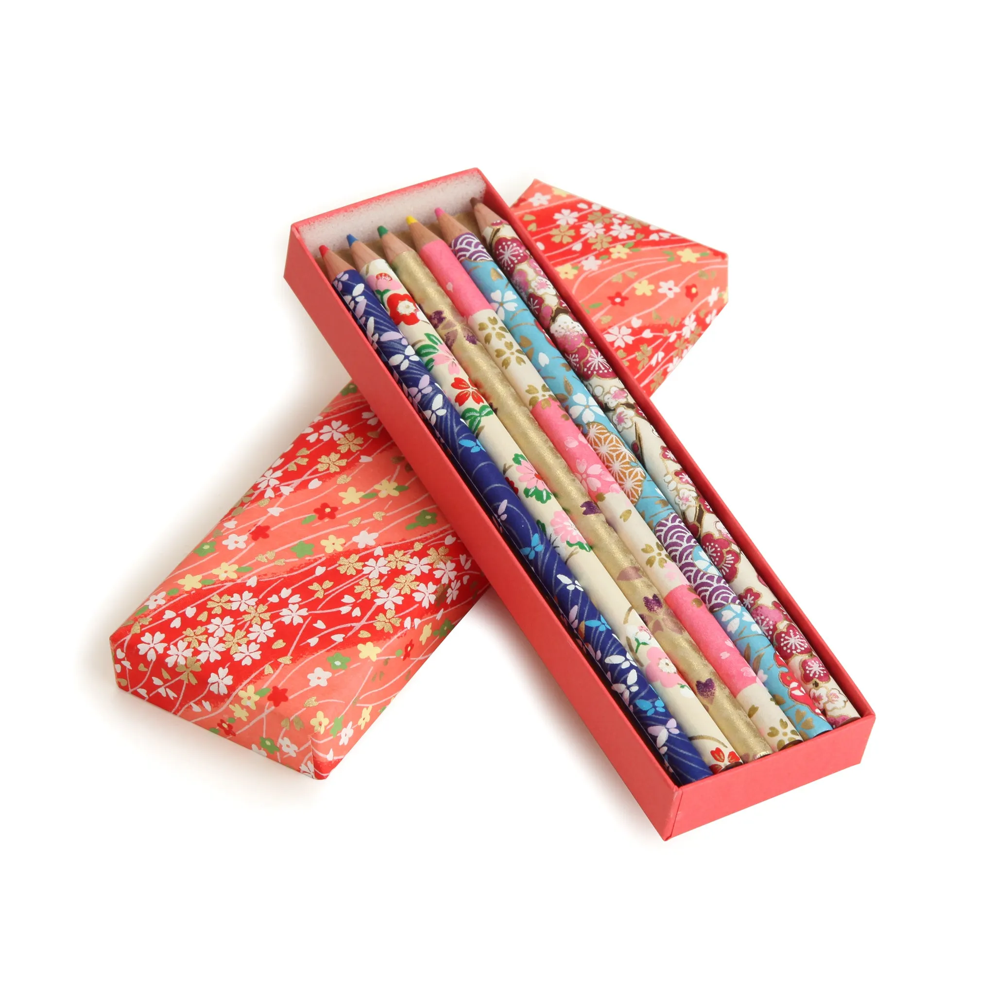 Colored Pencil Box with Japanese Flower Design