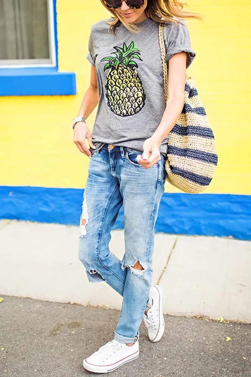Colorful Floral Print Pineapple T-shirt