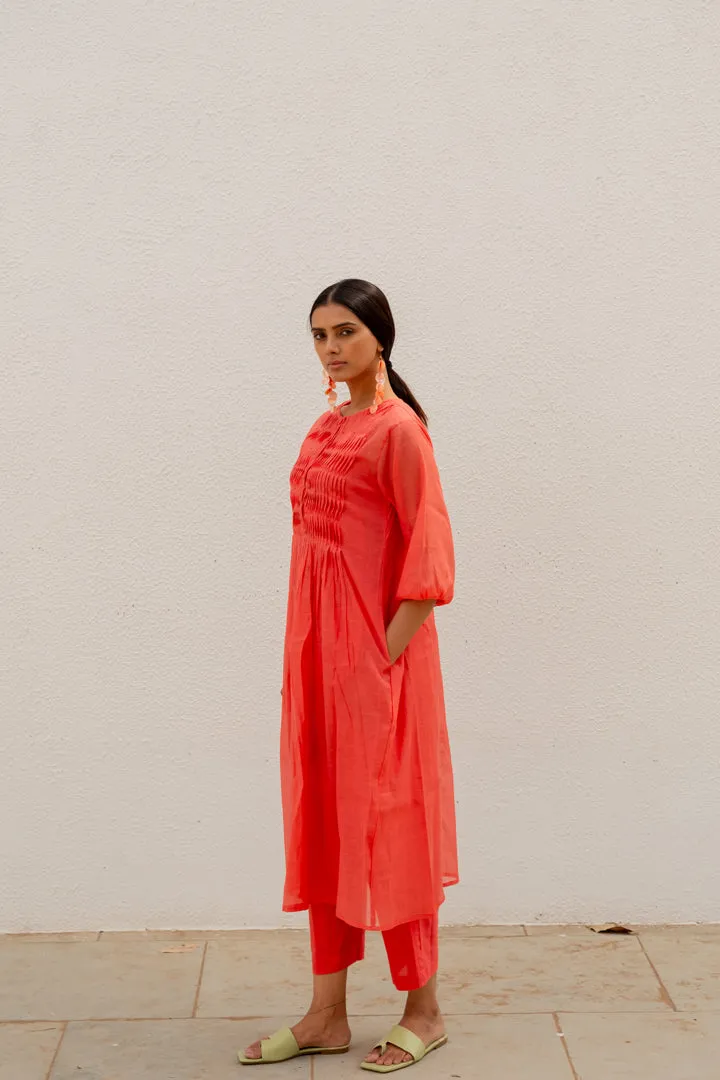 Coral Pleated Kurta and Pants
