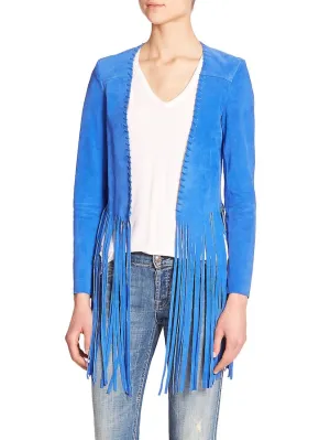 Cowgirl Western Fringe Blue Suede Leather Tank Top Jacket for Women LBJ307