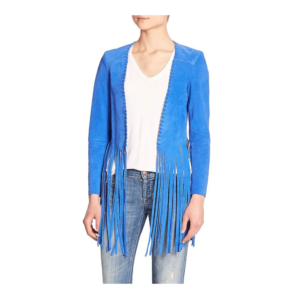 Cowgirl Western Fringe Blue Suede Leather Tank Top Jacket for Women LBJ307