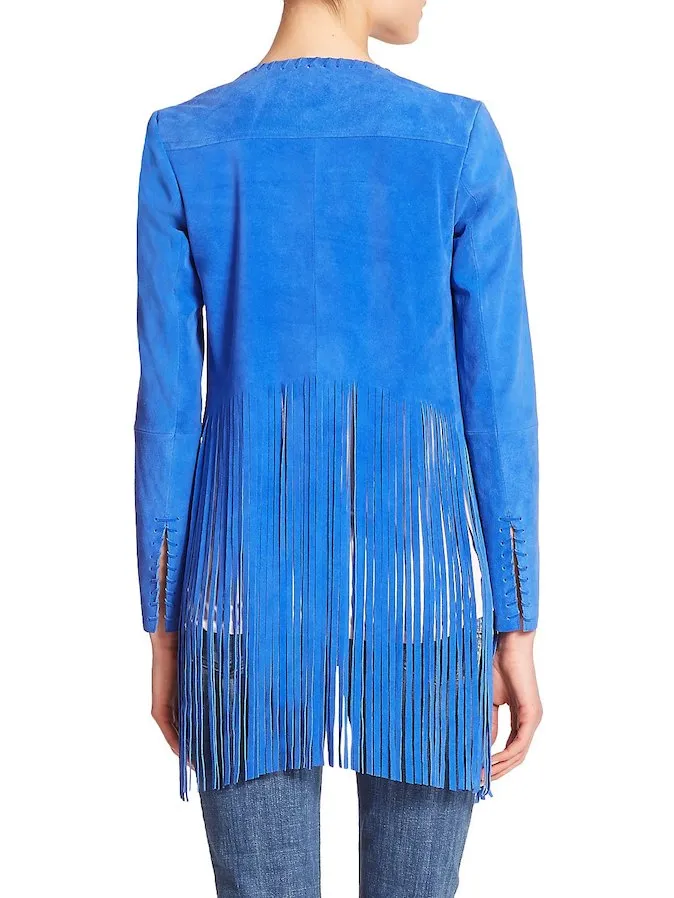 Cowgirl Western Fringe Blue Suede Leather Tank Top Jacket for Women LBJ307