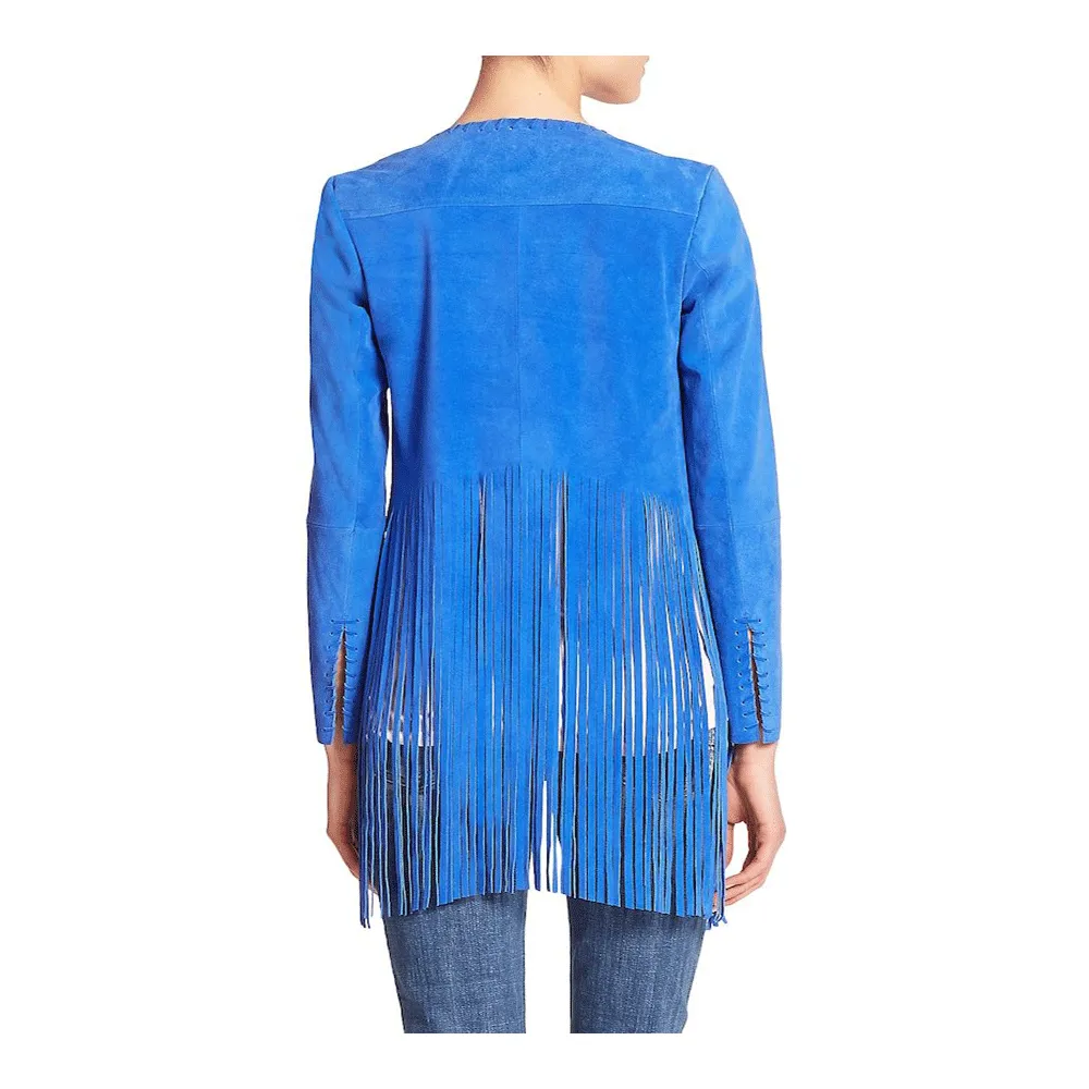 Cowgirl Western Fringe Blue Suede Leather Tank Top Jacket for Women LBJ307