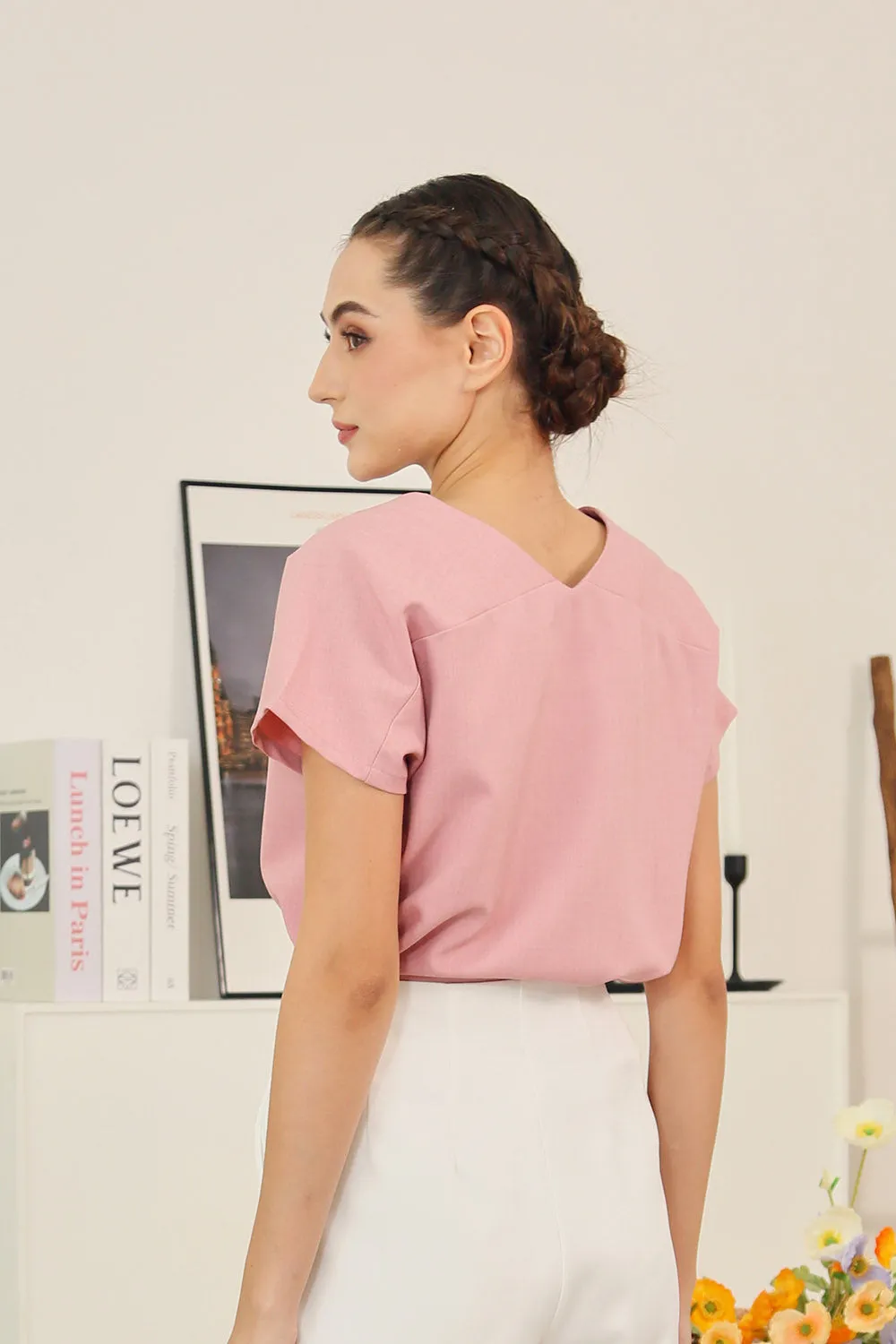 Danna V-Neck Relaxed Blouse in Pink Texture