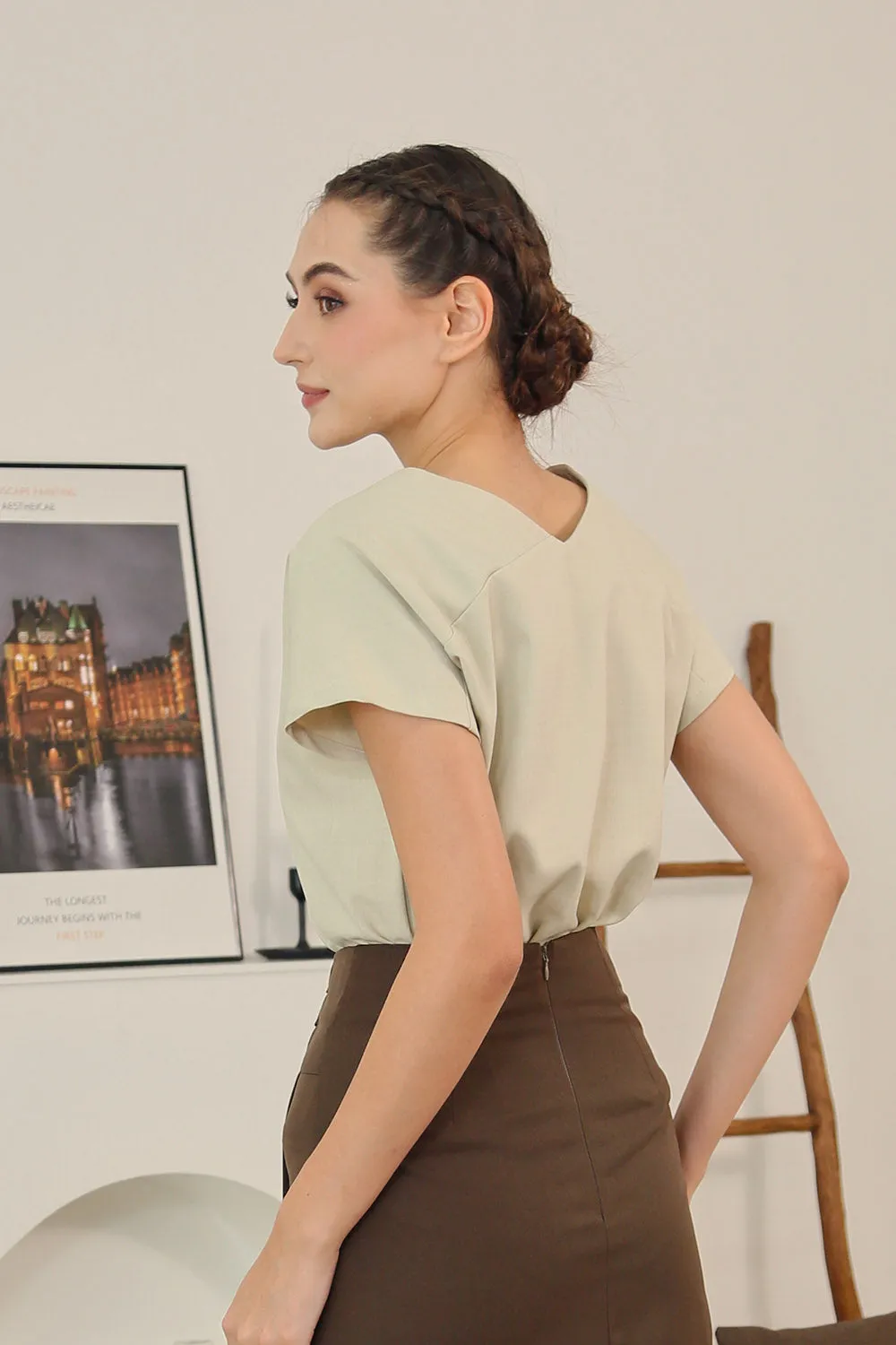 Danna V-Neck Relaxed Blouse in Sandstone Beige