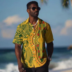 Dashiki and Polynesian Pattern Hawaiian Shirt Afro Pacific Culture Gold Version LT9