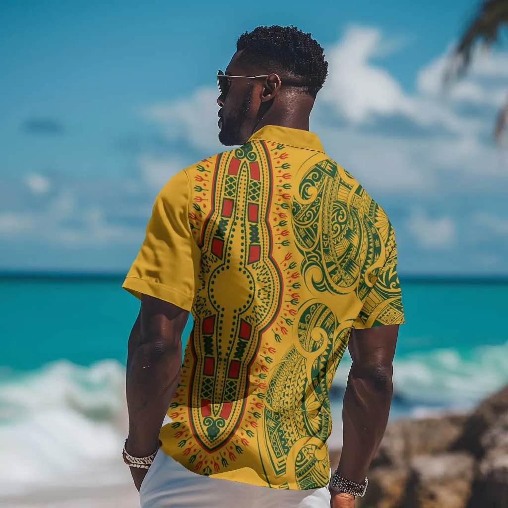 Dashiki and Polynesian Pattern Hawaiian Shirt Afro Pacific Culture Gold Version LT9