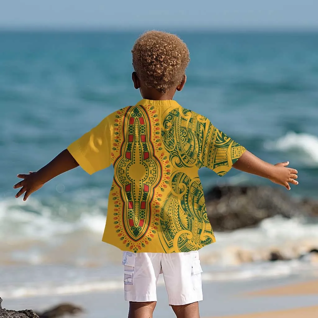 Dashiki and Polynesian Pattern Kid Hawaiian Shirt Afro Pacific Culture Gold Version LT9