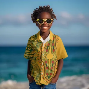 Dashiki and Polynesian Pattern Kid Hawaiian Shirt Afro Pacific Culture Gold Version LT9