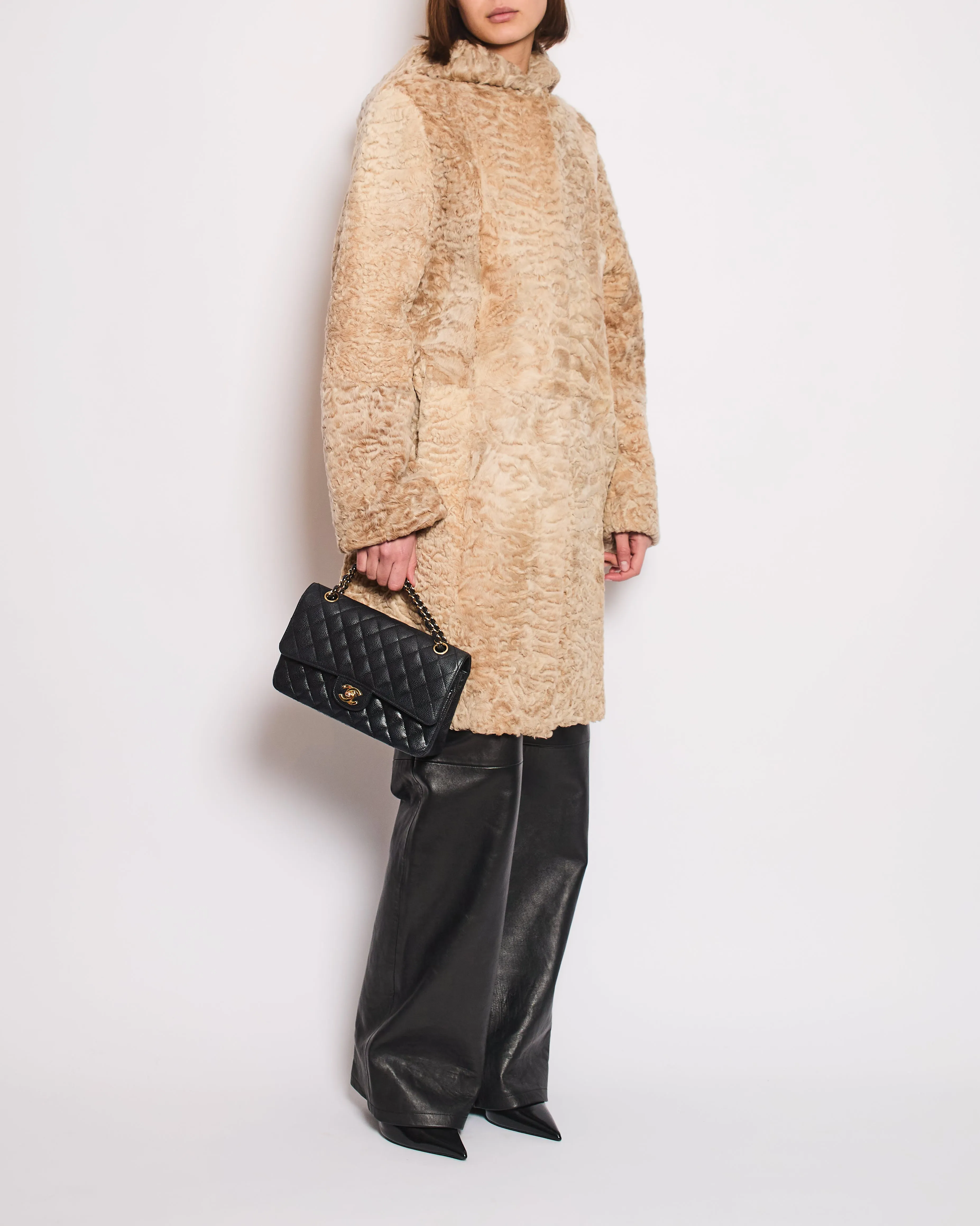 Dennis Basso Beige Persian Lamb Reversible Hooded Pea Coat FR 38 (UK 10)