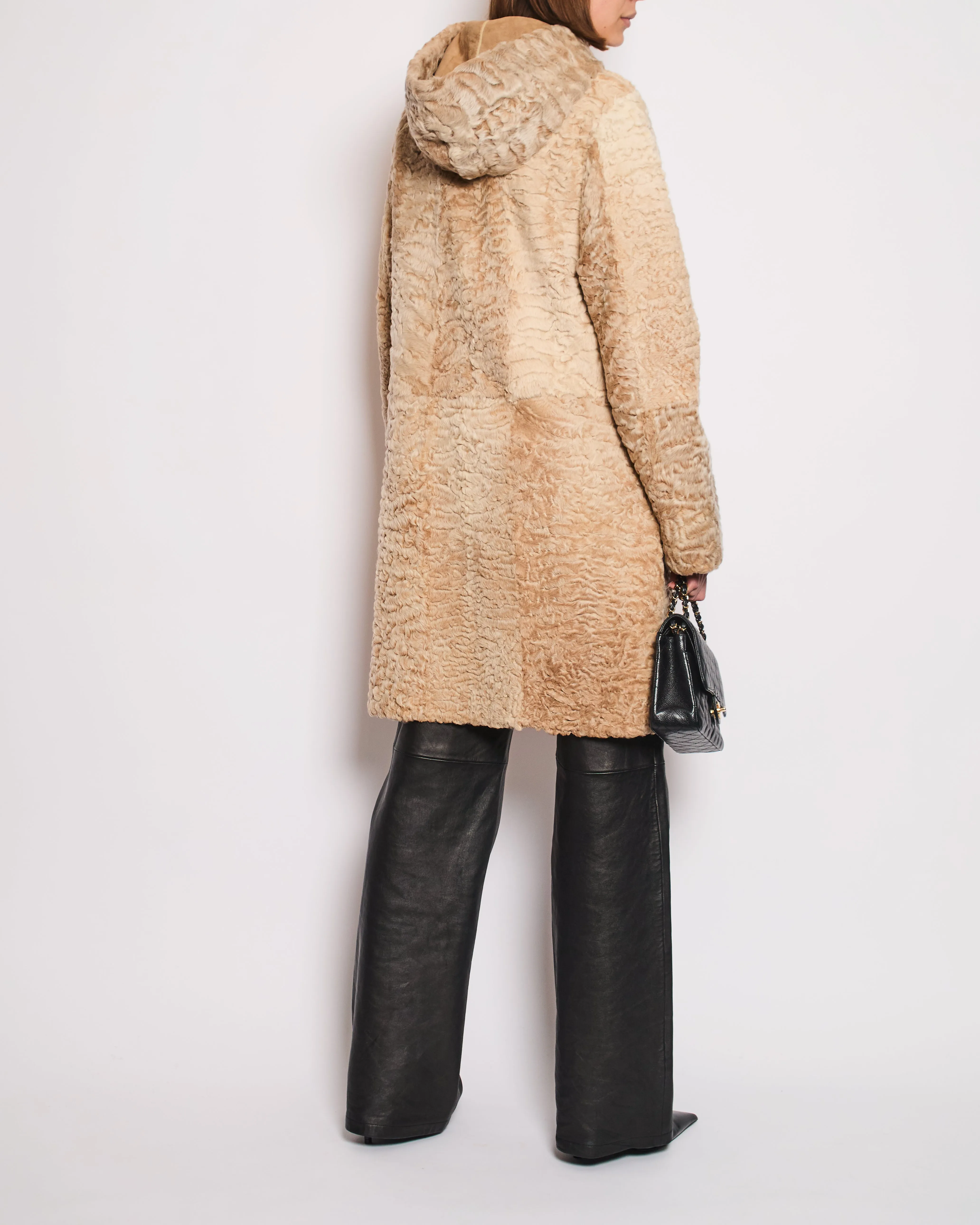 Dennis Basso Beige Persian Lamb Reversible Hooded Pea Coat FR 38 (UK 10)