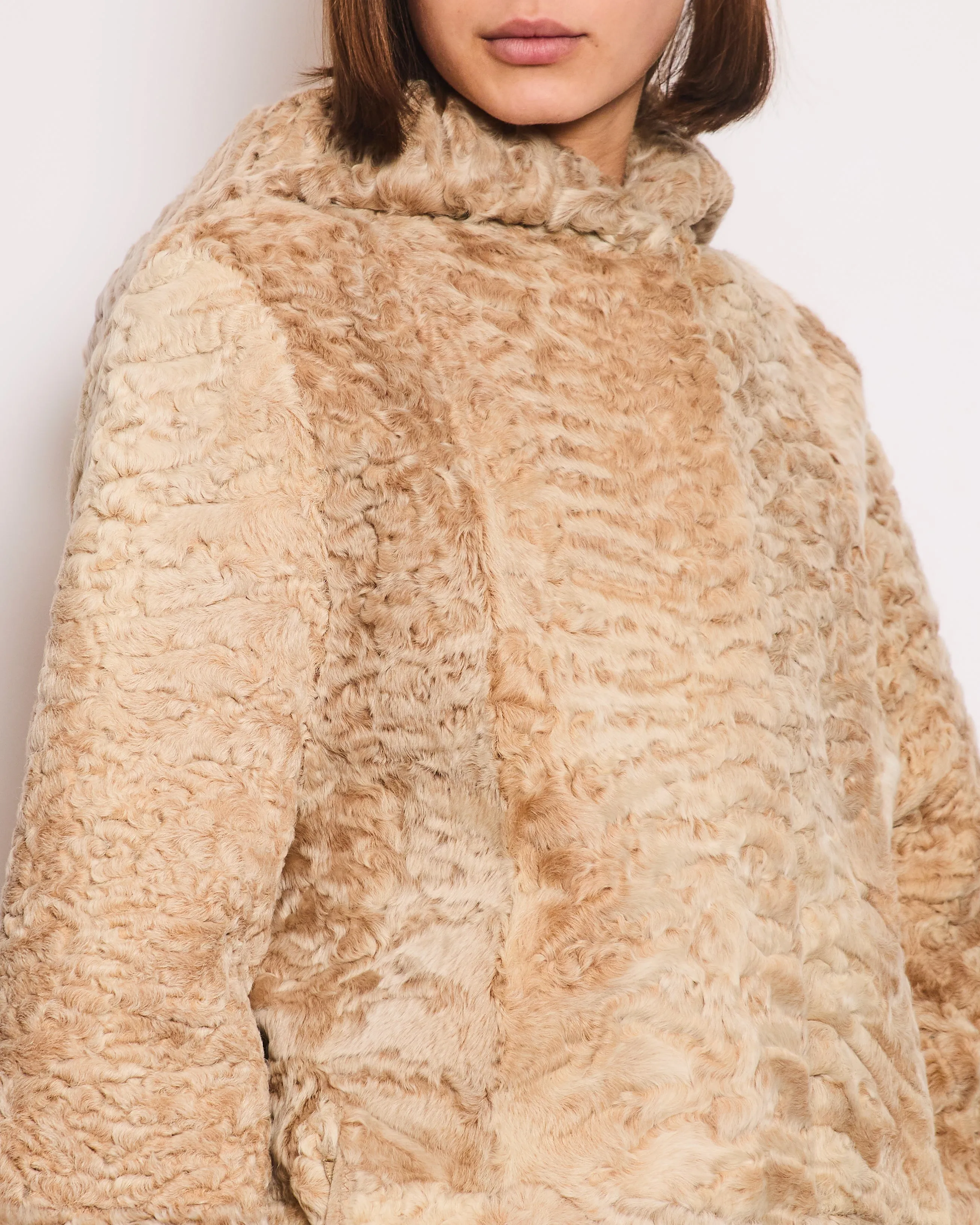 Dennis Basso Beige Persian Lamb Reversible Hooded Pea Coat FR 38 (UK 10)