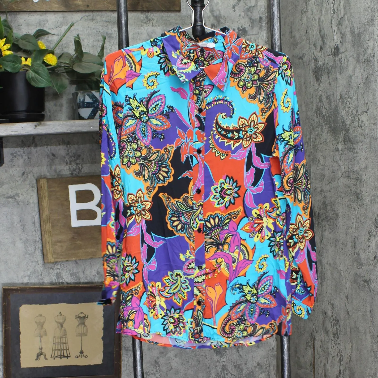 DG2 by Diane Gilman Silk Blend Long Sleeve Button Up Shirt Blue Red Multi S